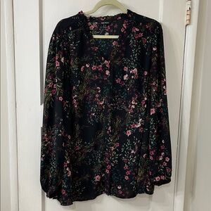 Well Worn Black Blouse with Pink Floral Design